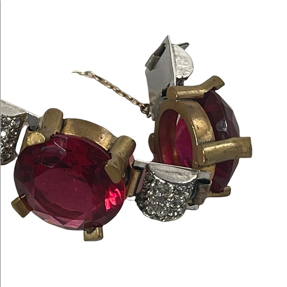 Vintage chunky brass ruby rhinestone crystal bracelet 1940s - Picture 10 of 12
